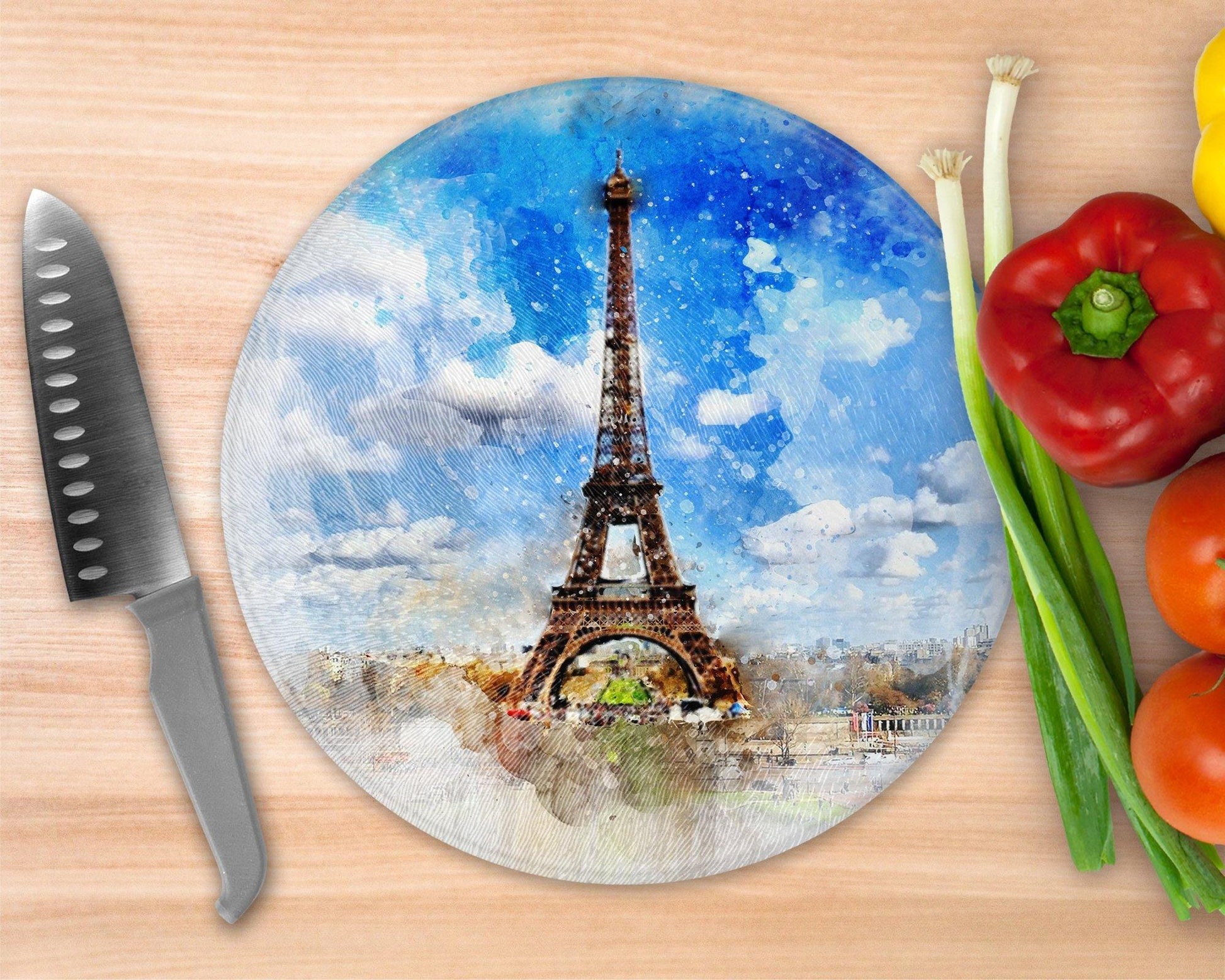 Blue Paris Watercolor style  Glass Cutting Board - Round Cutting Board - Schoppix Gifts