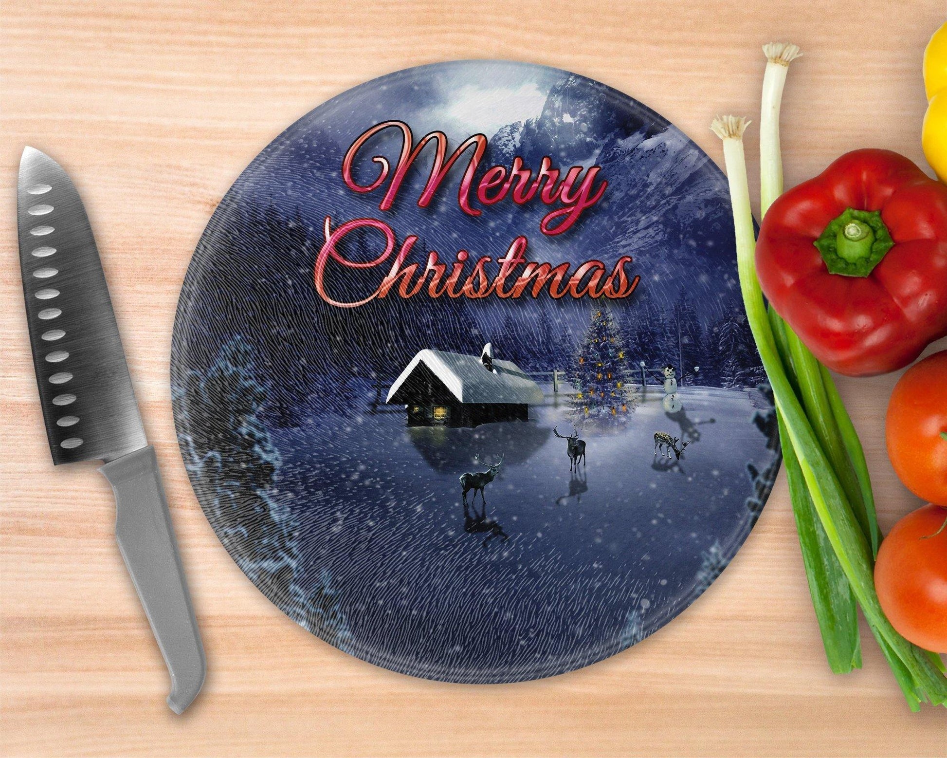 Merry Christmas Winter Scene  Glass Cutting Board - Round Cutting Board - Schoppix Gifts
