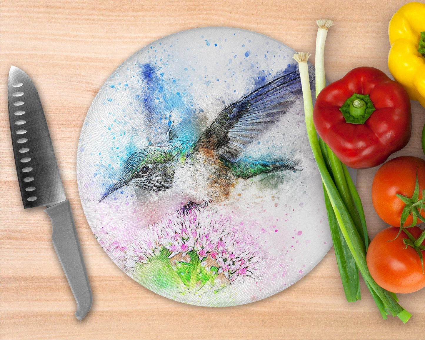 Watercolor Style Humminbird   Glass Cutting Board - Round Cutting Board - Schoppix Gifts
