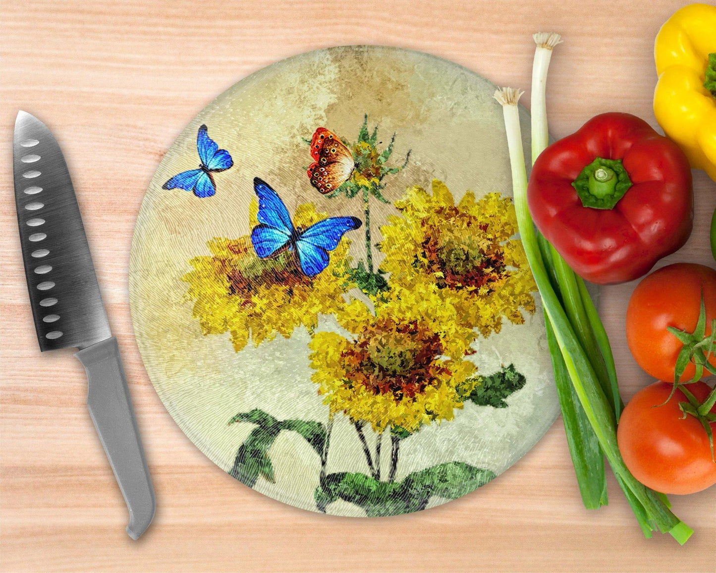 Sunflowers and Butterflies  Glass Cutting Board - Round Cutting Board - Schoppix Gifts