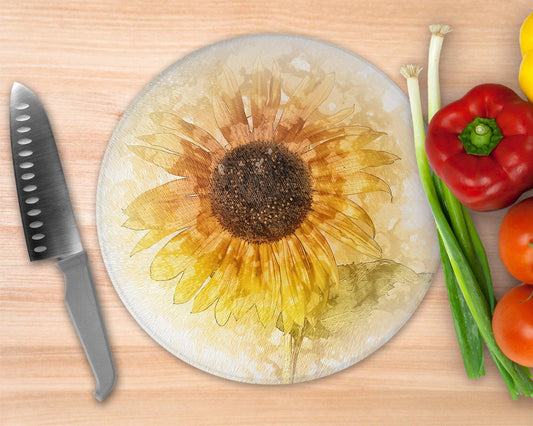 Watercolor Style Sunflower  Glass Cutting Board - Round Cutting Board - Schoppix Gifts