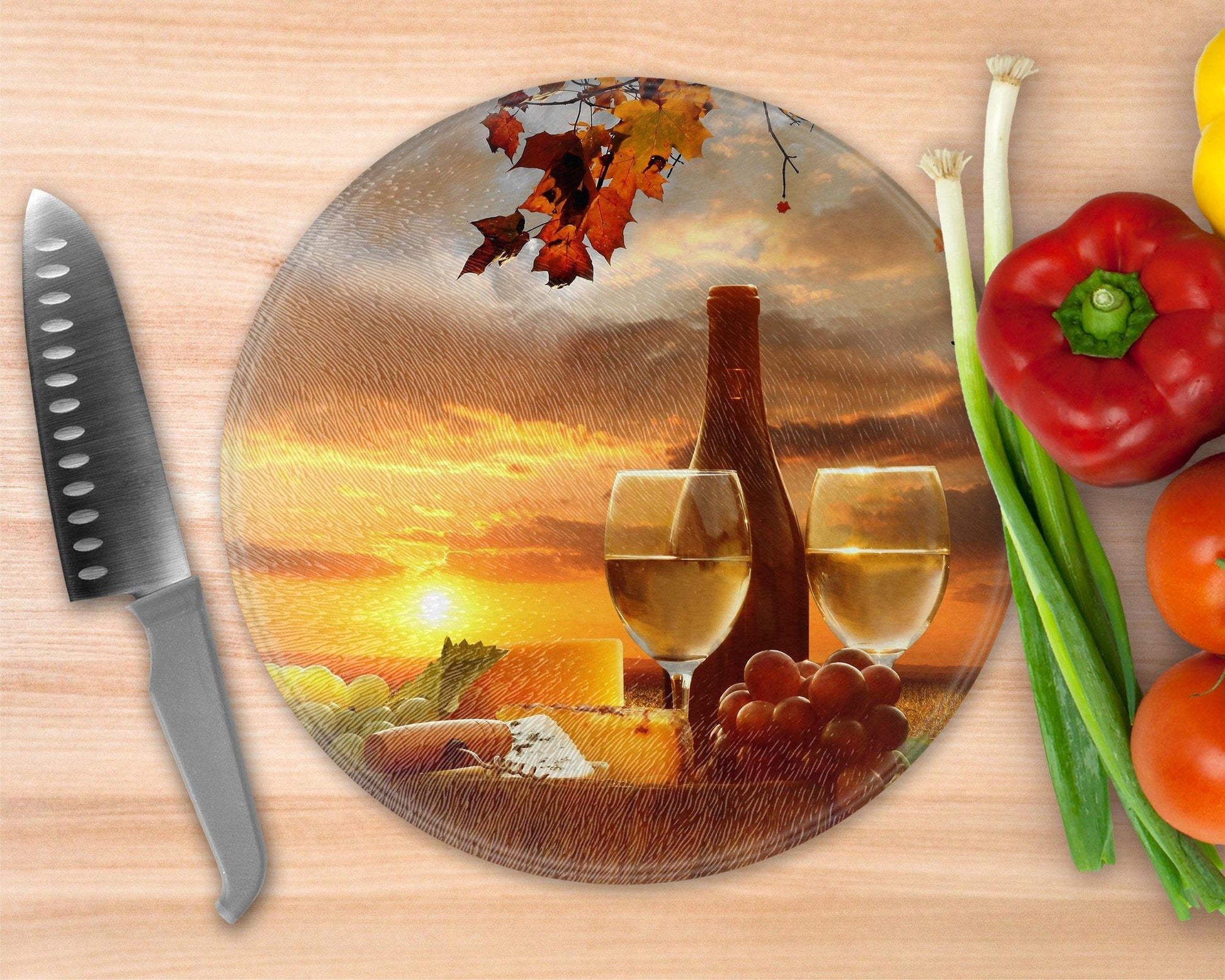 Sunset Wine Art  Glass Cutting Board - Round Cutting Board - Schoppix Gifts