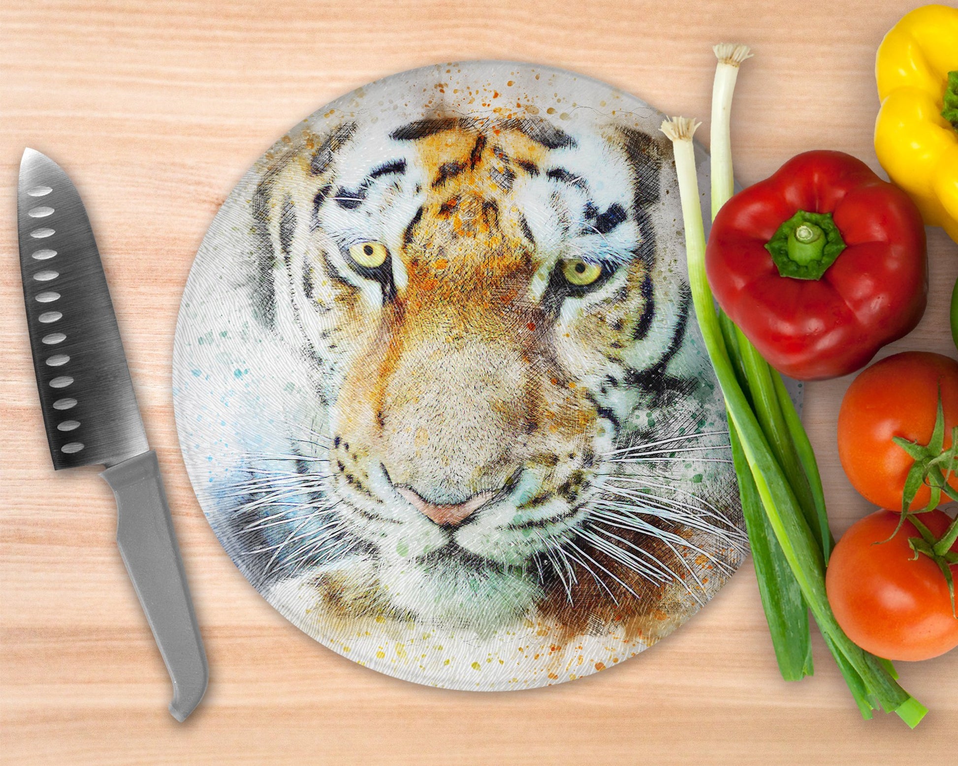 Watercolor Style Tiger  Glass Cutting Board - Round Cutting Board - Schoppix Gifts