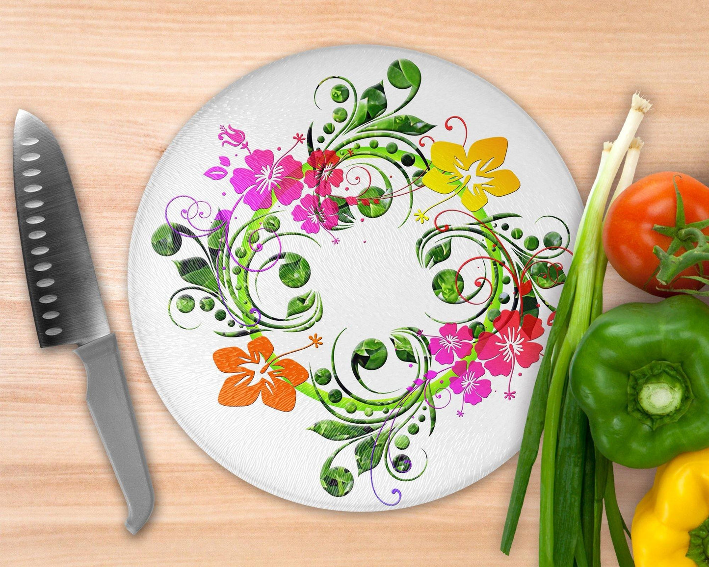 Illustrated Flowers Glass Cutting Board - Round Cutting Board - Schoppix Gifts