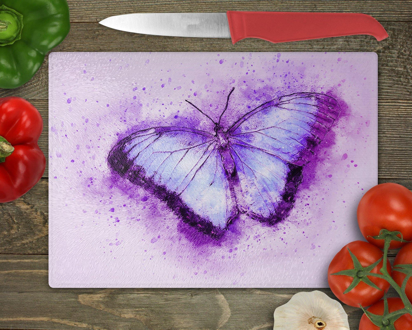 Purple Watercolor Style Butterfly Glass Cutting Board - Schoppix Gifts