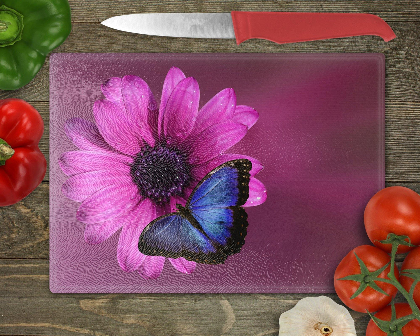 Blue Butterfly on Pink Flower Glass Cutting Board - Schoppix Gifts