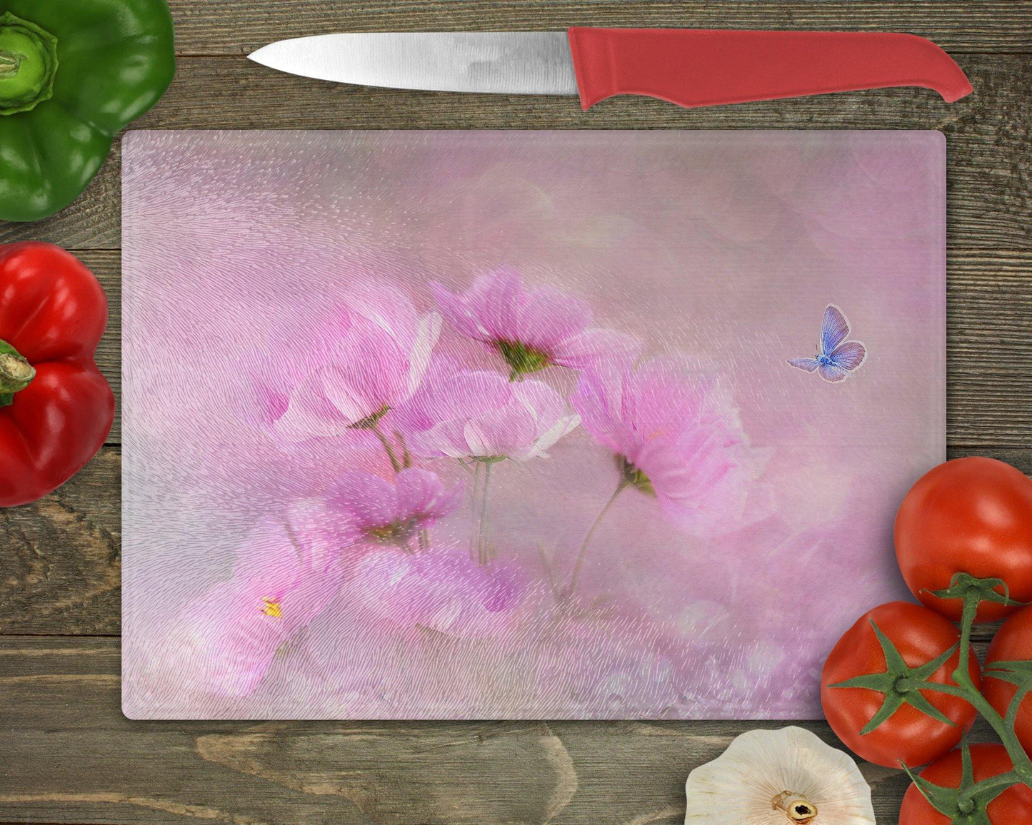 Blue Butterfly on Pink Flowers Glass Cutting Board - Schoppix Gifts