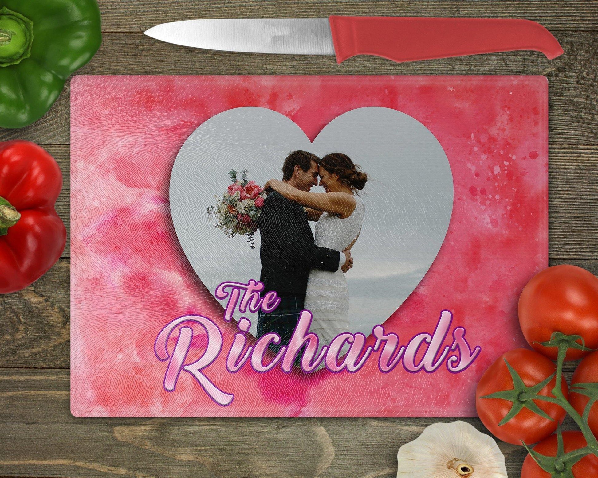 Personalized Photo Heart Name Glass Cutting Board - Schoppix Gifts