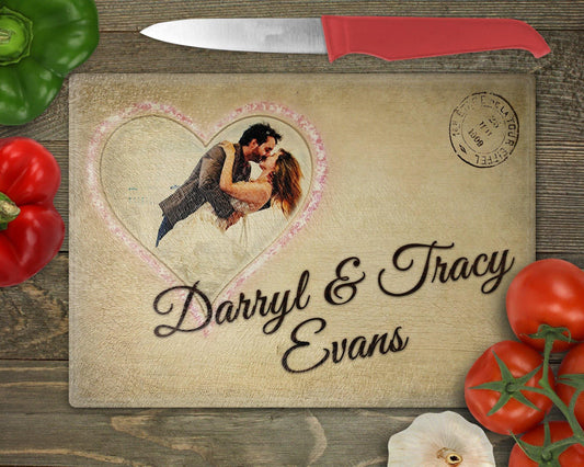 Personalized Photo Heart Postcard Glass Cutting Board - Schoppix Gifts