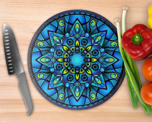 Aqua Blue Mandala  Glass Cutting Board - Round Cutting Board - Schoppix Gifts