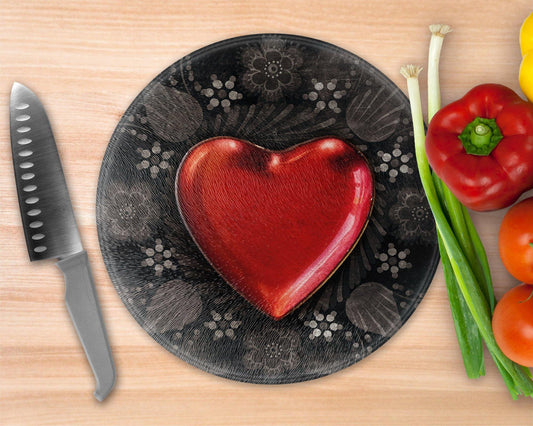 Black Heart  Glass Cutting Board - Round Cutting Board - Schoppix Gifts