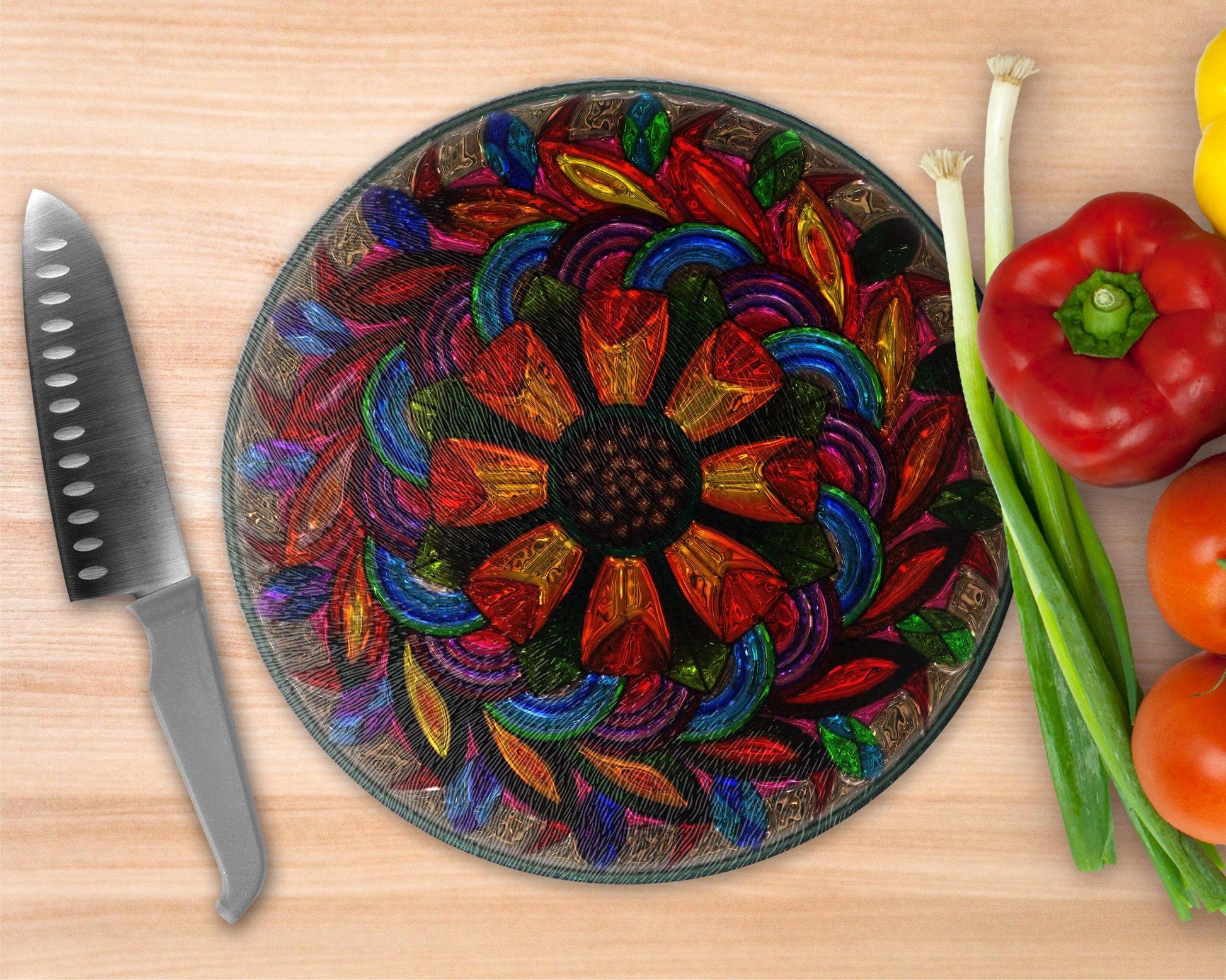 Rainbow Foil Mandala  Glass Cutting Board - Round Cutting Board - Schoppix Gifts