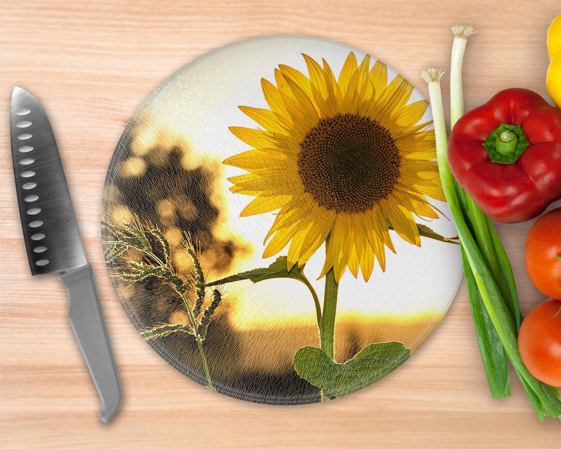 Autumn Sunflower  Glass Cutting Board - Round Cutting Board - Schoppix Gifts