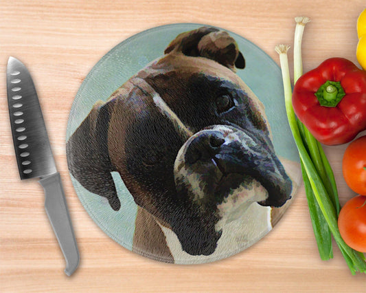 Boxer Oil Paint style  Glass Cutting Board - Round Cutting Board - Schoppix Gifts