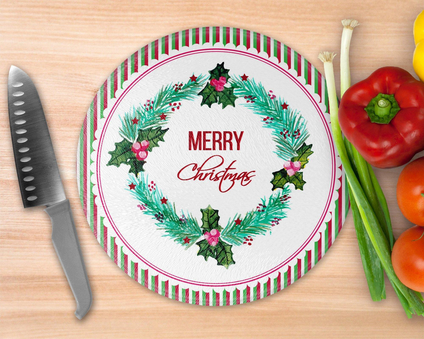 Merry Christmas Wreath  Glass Cutting Board - Round Cutting Board - Schoppix Gifts