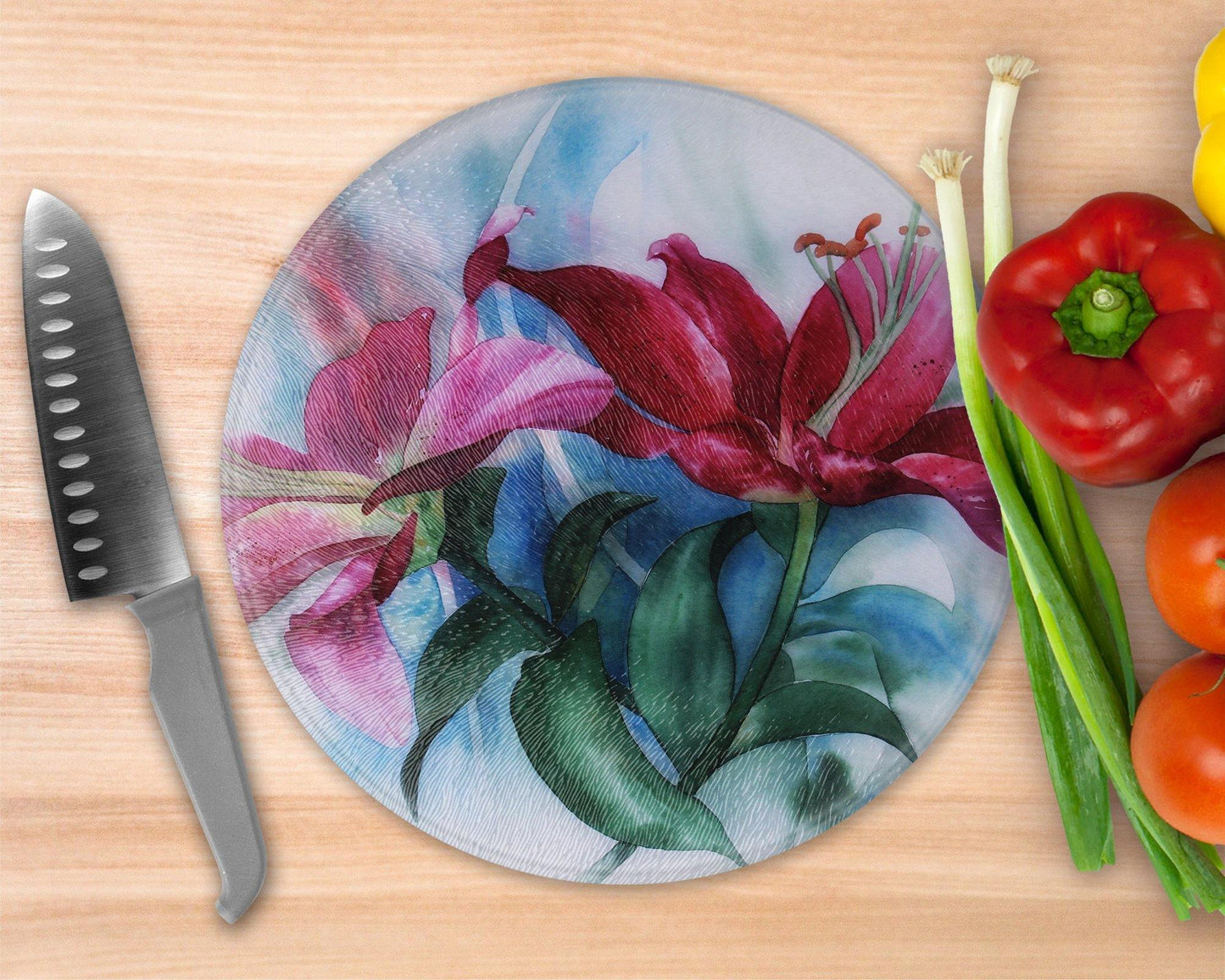 Painted style Lilies  Glass Cutting Board - Round Cutting Board - Schoppix Gifts