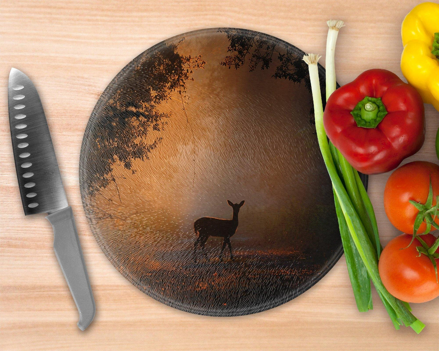 Scenic Deer Art  Glass Cutting Board - Round Cutting Board - Schoppix Gifts