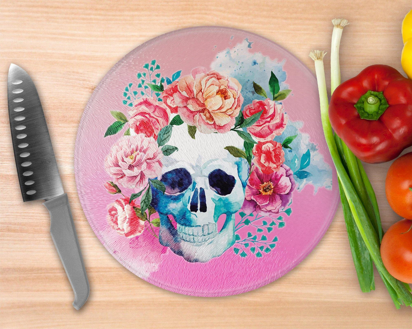 Skull and Flowers  Glass Cutting Board - Round Cutting Board - Schoppix Gifts