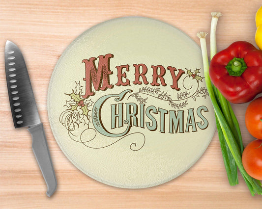 Vintage Look Merry Christmas  Glass Cutting Board - Schoppix Gifts