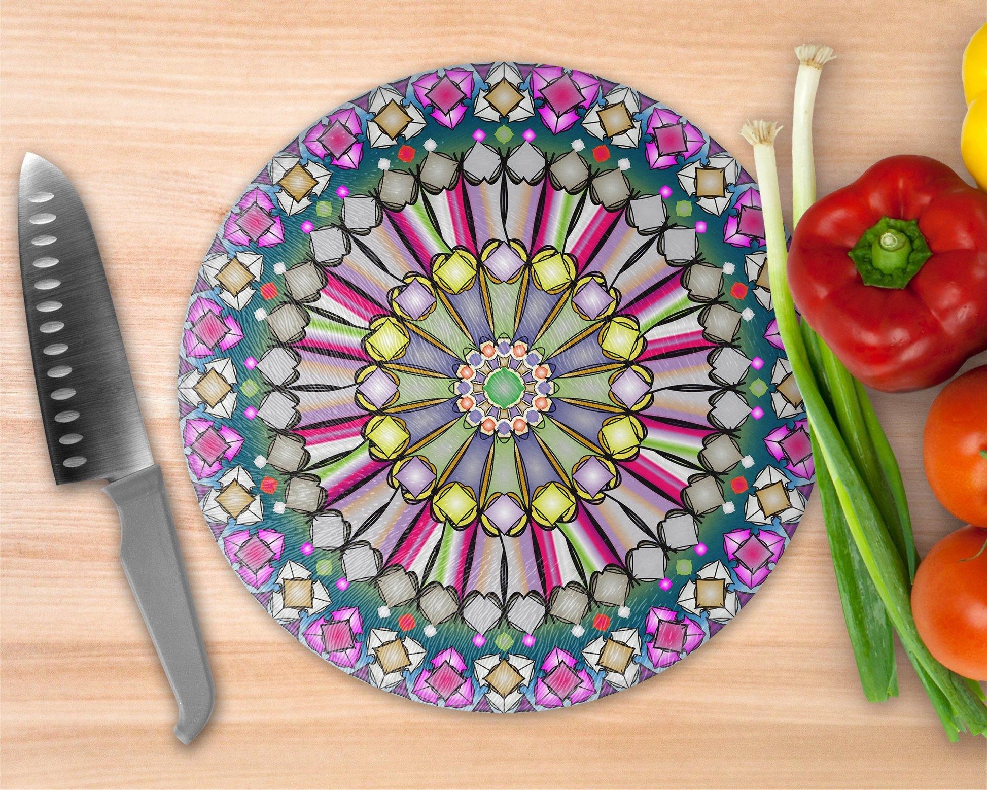 Stained Glass Look Mandala  Glass Cutting Board - Round Cutting Board - Schoppix Gifts