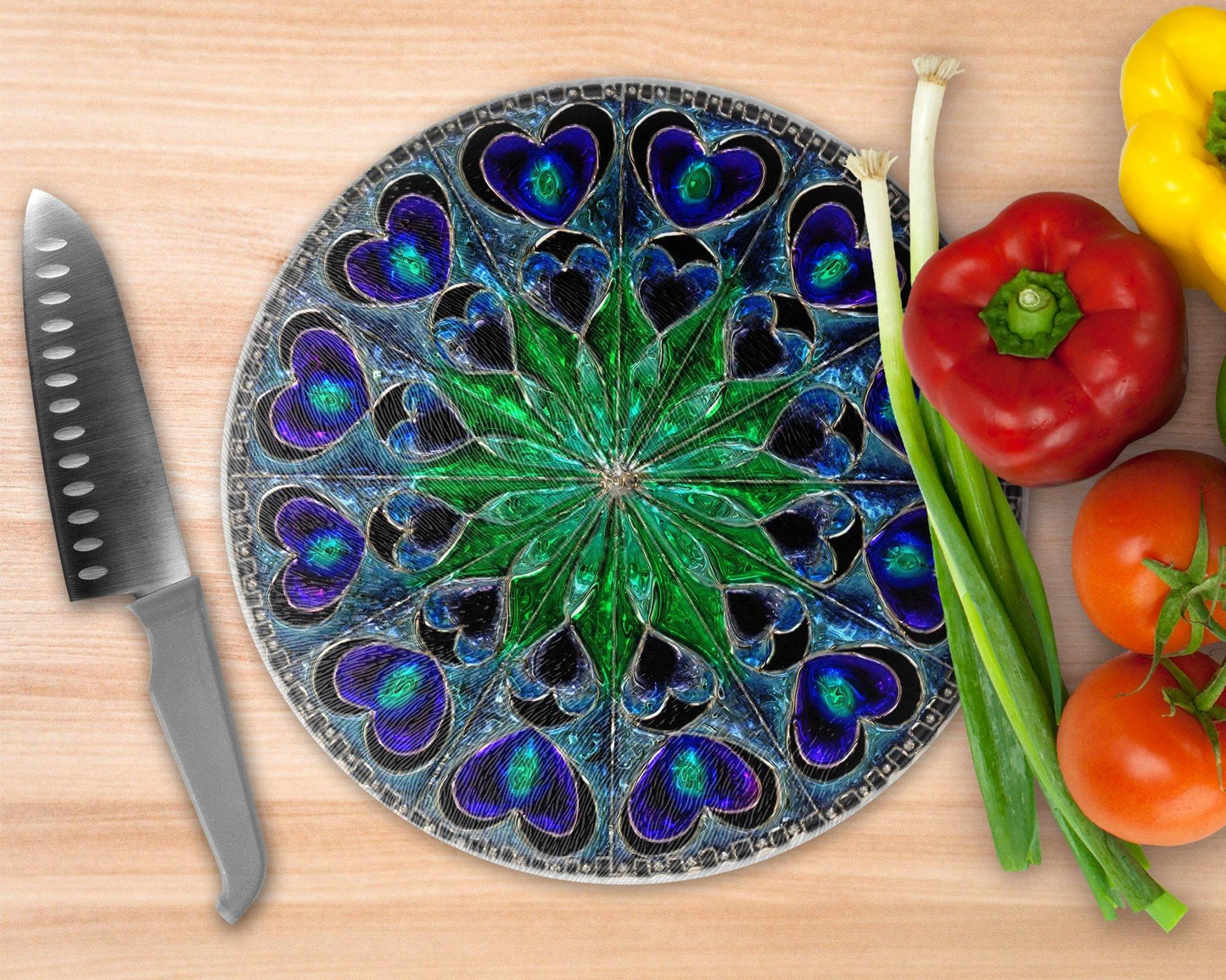 Blue Hearts Mandala  Glass Cutting Board - Round Cutting Board - Schoppix Gifts