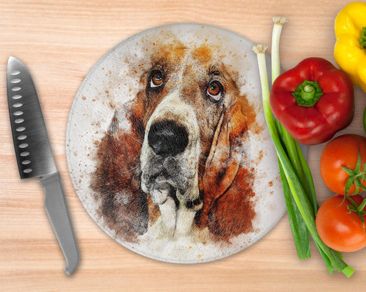 Watercolor Style Bassett Hound  Glass Cutting Board - Round Cutting Board - Schoppix Gifts