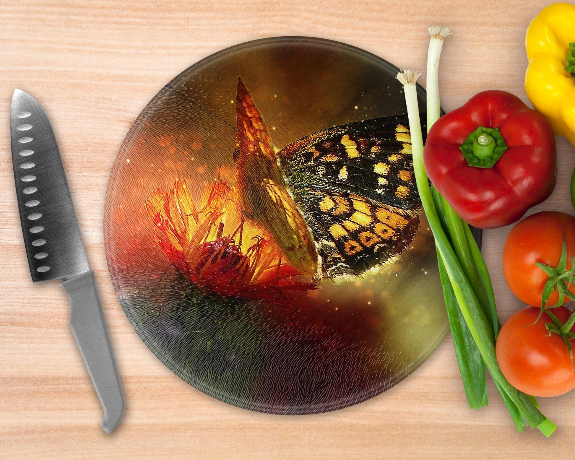 Butterfly Art  Glass Cutting Board - Round Cutting Board - Schoppix Gifts