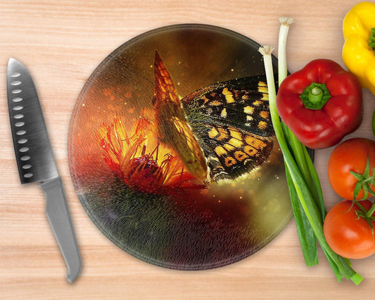 Butterfly Art  Glass Cutting Board - Round Cutting Board - Schoppix Gifts