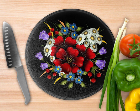 Illustrated Bouquet Glass Cutting  Board - Round Cutting Board - Schoppix Gifts
