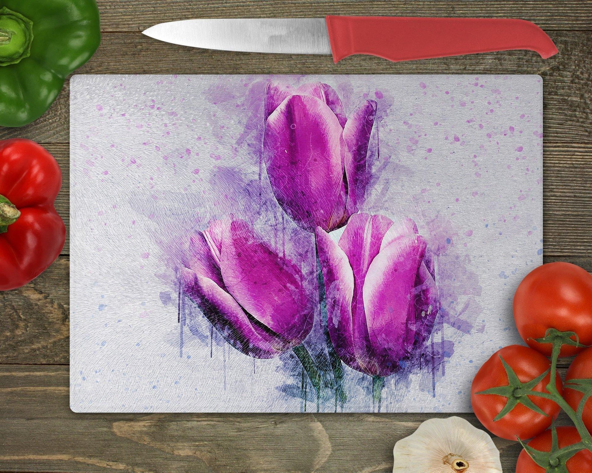 Purple Watercolor Style Tulips Glass Cutting Board - Schoppix Gifts