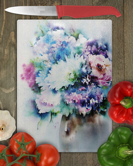 Watercolor Style Bouquet in Vase Glass Cutting Board - Schoppix Gifts