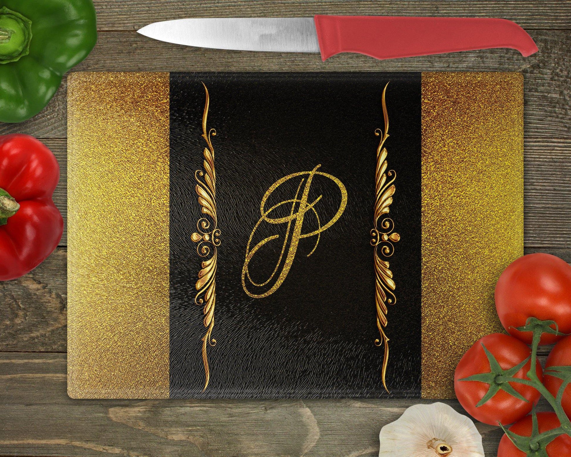 Gold Glitter Personalized Initial Glass Cutting Board - Schoppix Gifts