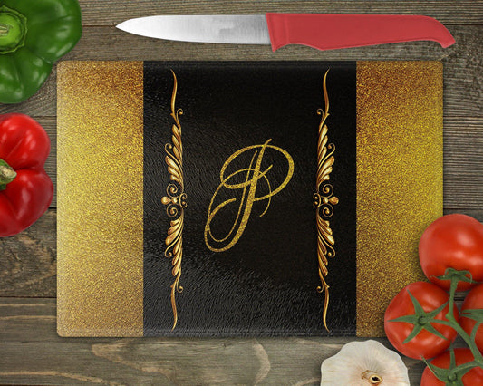 Gold Glitter Personalized Initial Glass Cutting Board - Schoppix Gifts