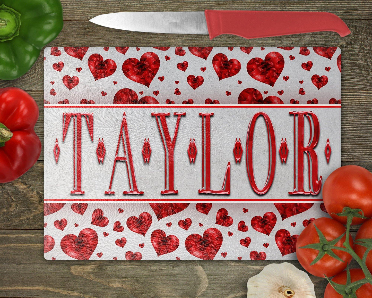 Personalized Hearts Name Glass Cutting Board - Schoppix Gifts