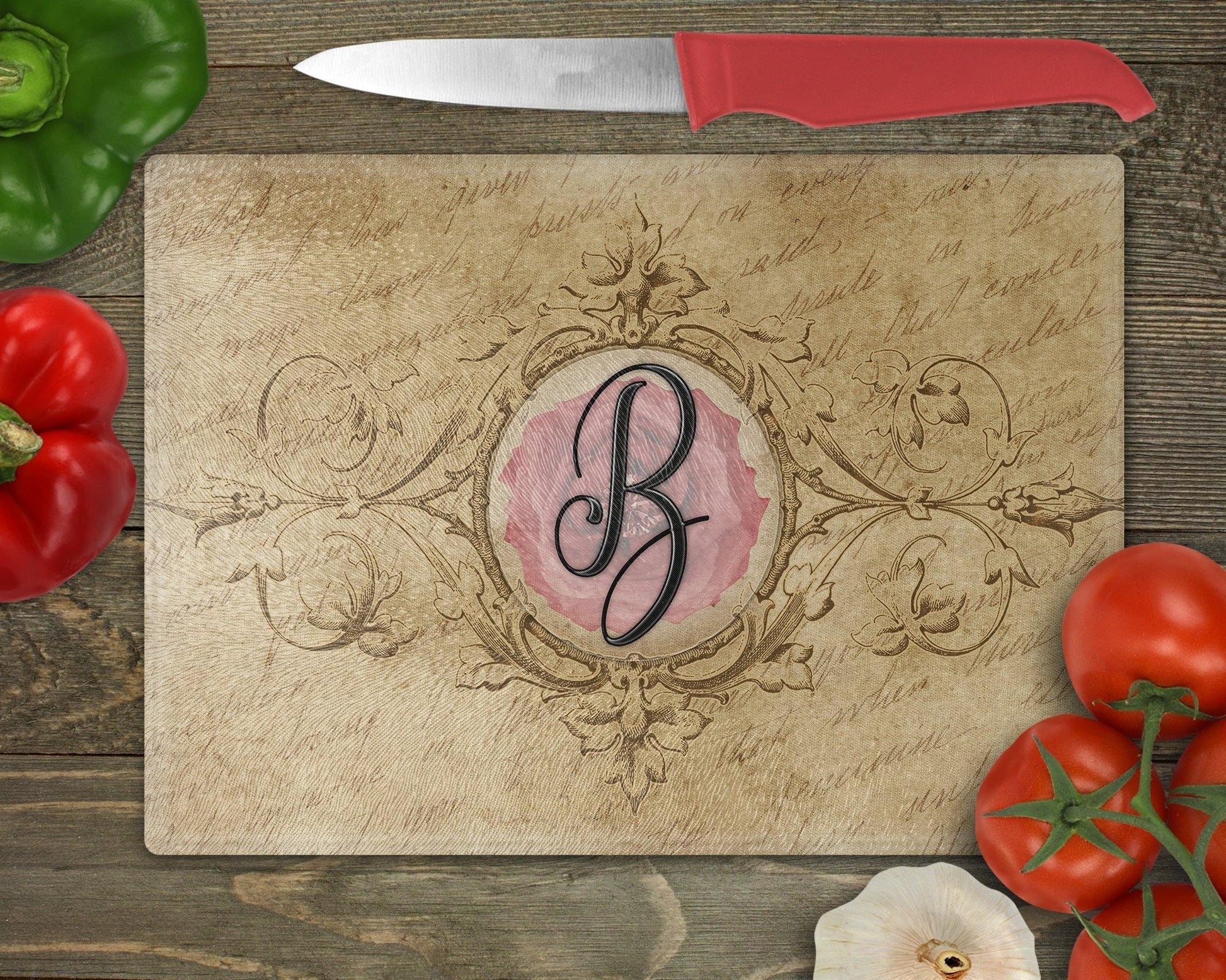 Personalized Initial Parchment Glass Cutting Board - Schoppix Gifts