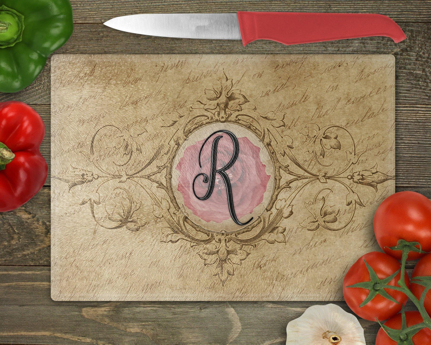 Personalized Initial Parchment Glass Cutting Board - Schoppix Gifts