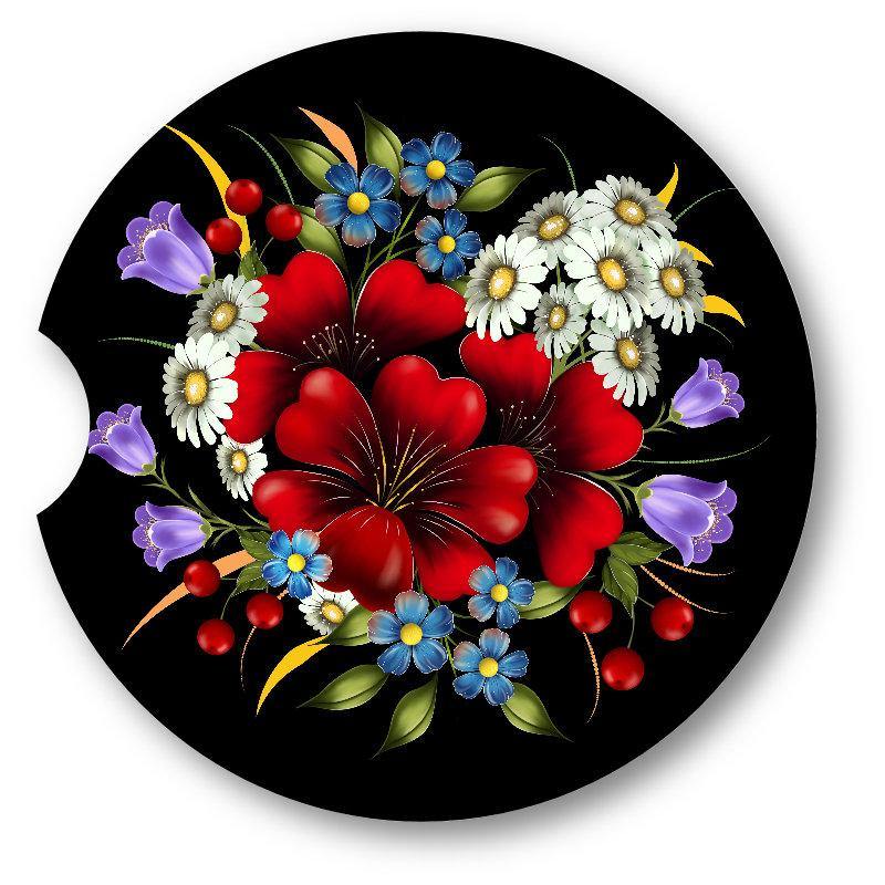 Illustrated Flowers Sandstone Car Coasters set of 2 - Schoppix Gifts