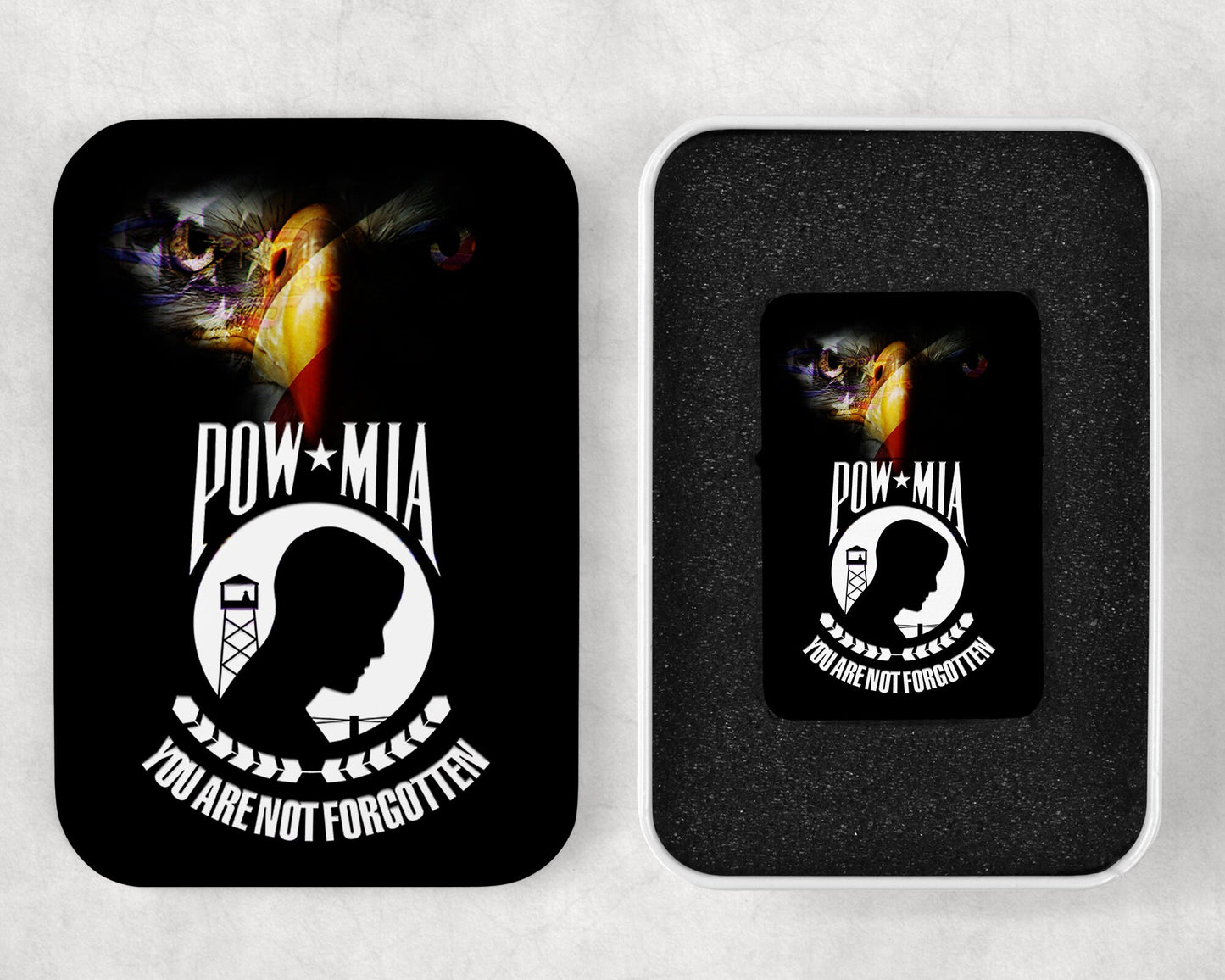 POW/MIA Bald Eagle American Flag Flip Top Lighter and Matching Gift Tin