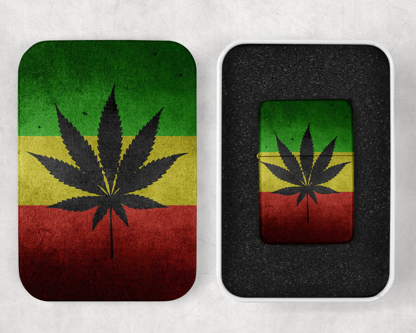 Cannabis Marijuana Leaf Flag Flip Top Lighter and Matching Gift Tin