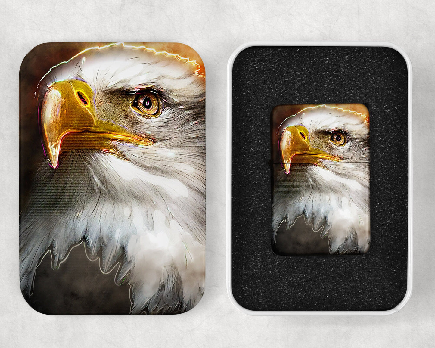 Bald Eagle Painted Style Art Flag Flip Top Lighter and Matching Gift Tin