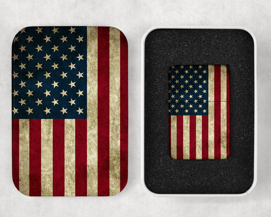 Rustic American Flag Flip Top Lighter and Matching Gift Tin