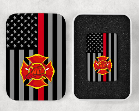 Thin Red Line Firefighter Cross Design Flip Top Lighter and Matching Gift Tin