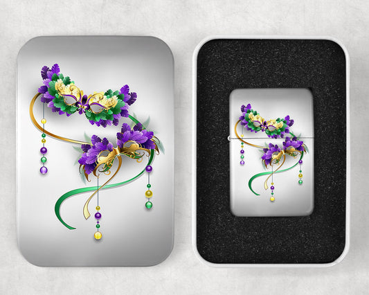 Mardi Gras Masks Design Flip Top Lighter and Matching Gift Tin