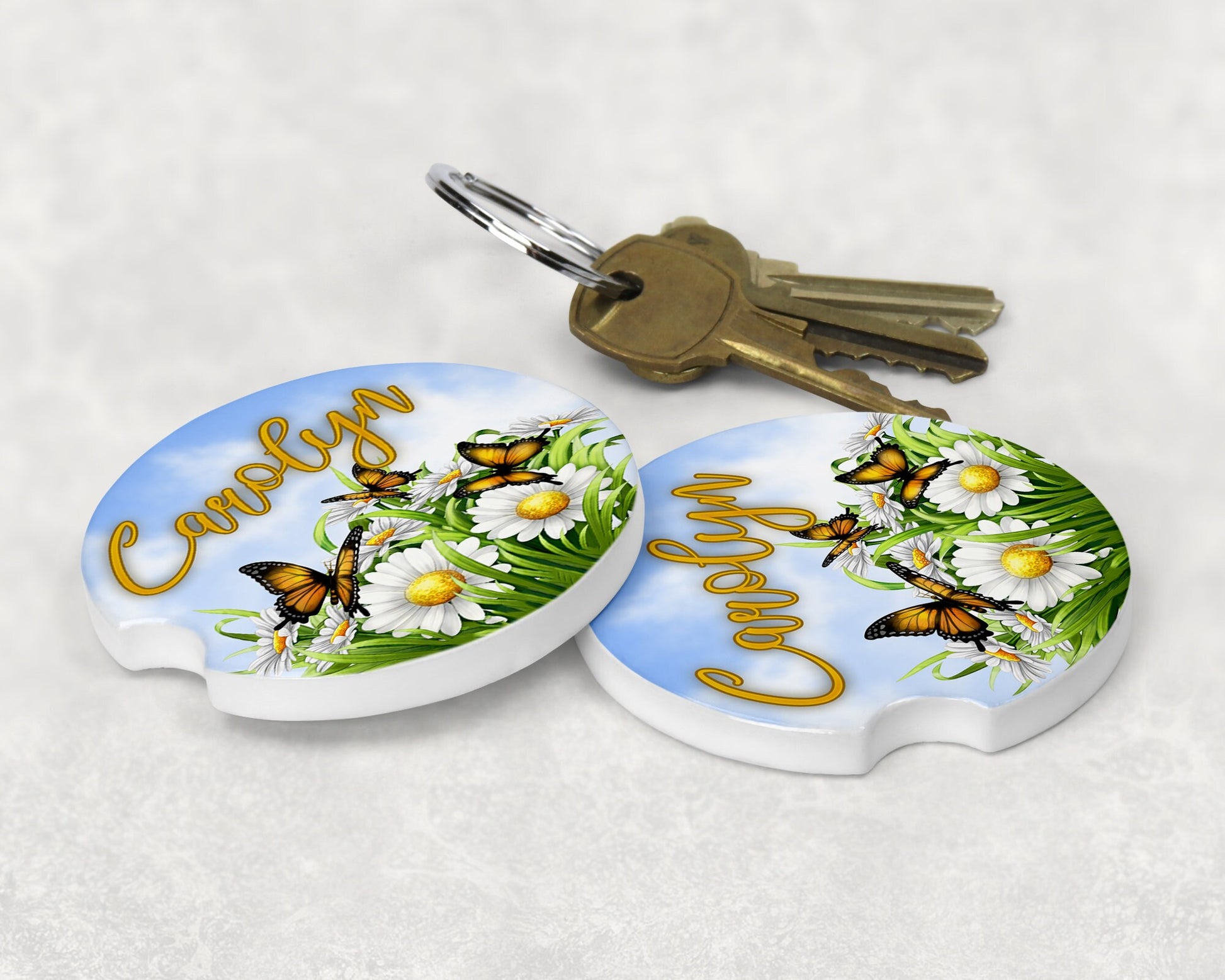 Personalized Butterflies and Daisies Art Car Coasters - Matching Pair - Schoppix Gifts