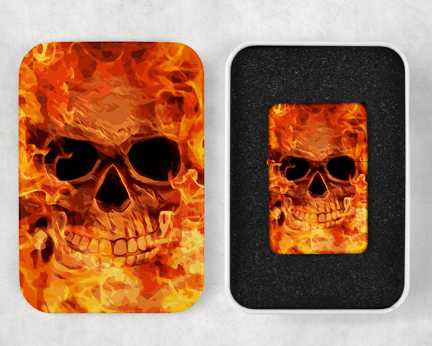 Flaming Skull Flip Top Lighter and Matching Gift Tin