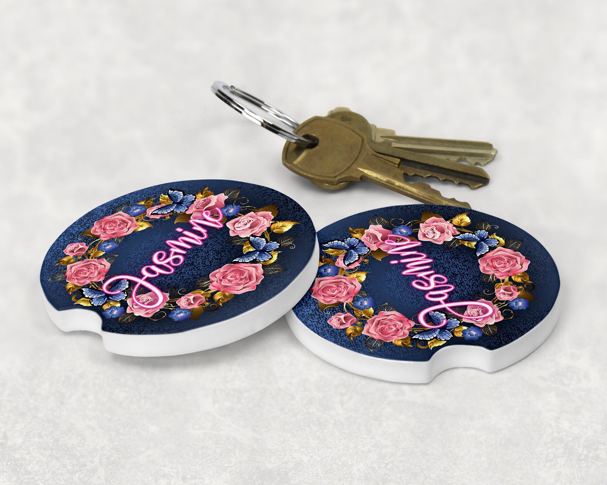 Personalized Butterfly Wreath Denim Look Art Car Coasters - Matching Pair - Schoppix Gifts