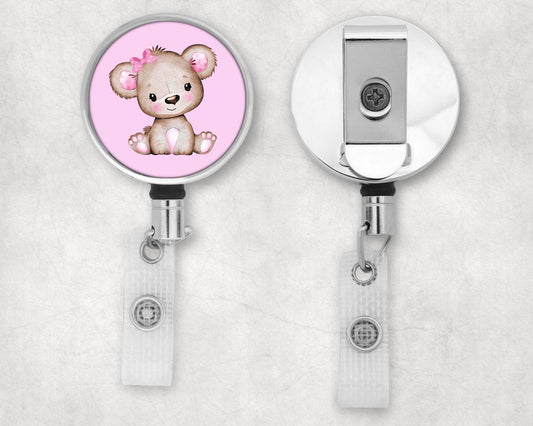Cute Baby Girl Bear Art Badge Reel