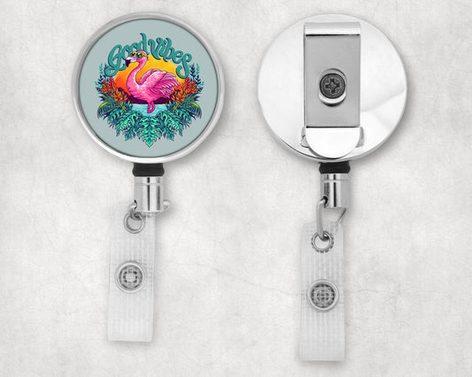 Good Vibes Flamingo Art Badge Reel
