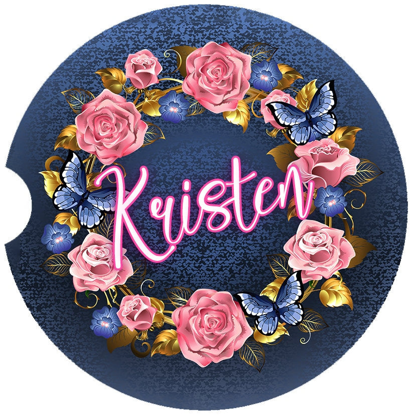 Personalized Butterfly Wreath Denim Look Art Car Coasters - Matching Pair - Schoppix Gifts