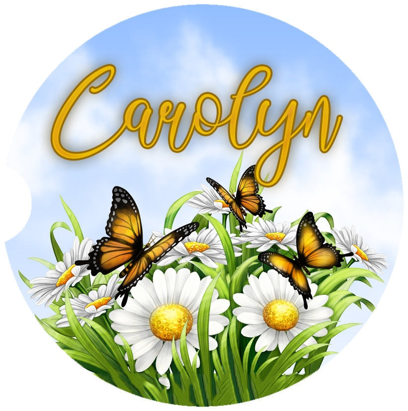 Personalized Butterflies and Daisies Art Car Coasters - Matching Pair - Schoppix Gifts